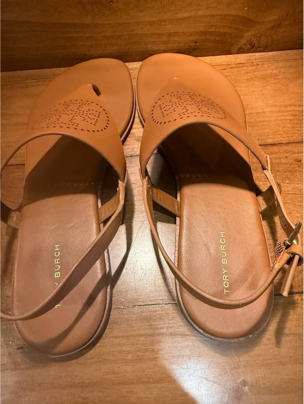 New Tory Burch Capri Perforated Logo Leather Slingback Sandals Women's Size 9